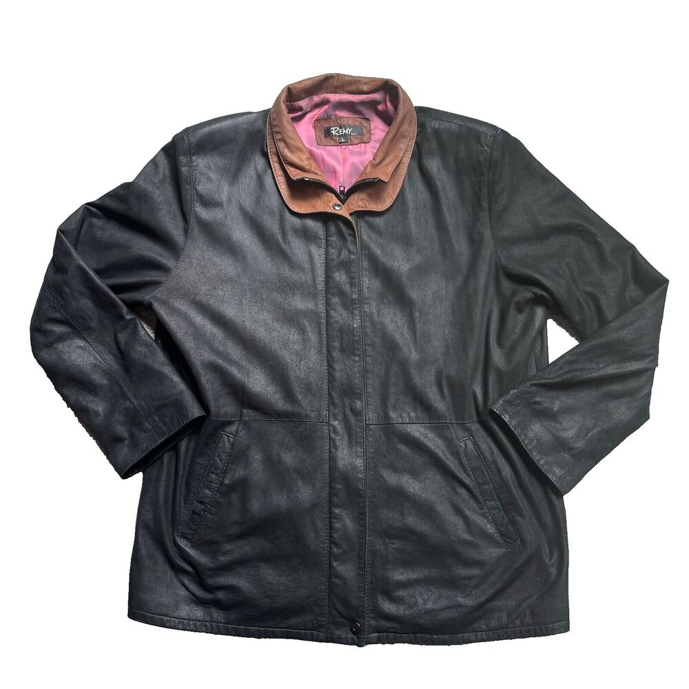 Remy Vintage Mens Black Leather Jacket Brown Trim Two‎ Tone Zip Front Coat Large